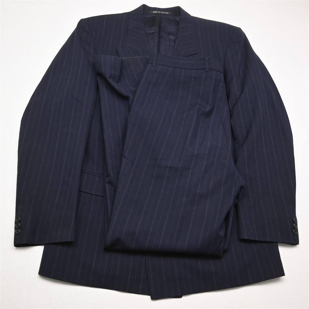Vtg England Made Double Breasted 42R 34x34 Navy Blue Chalk Striped Wool Suit